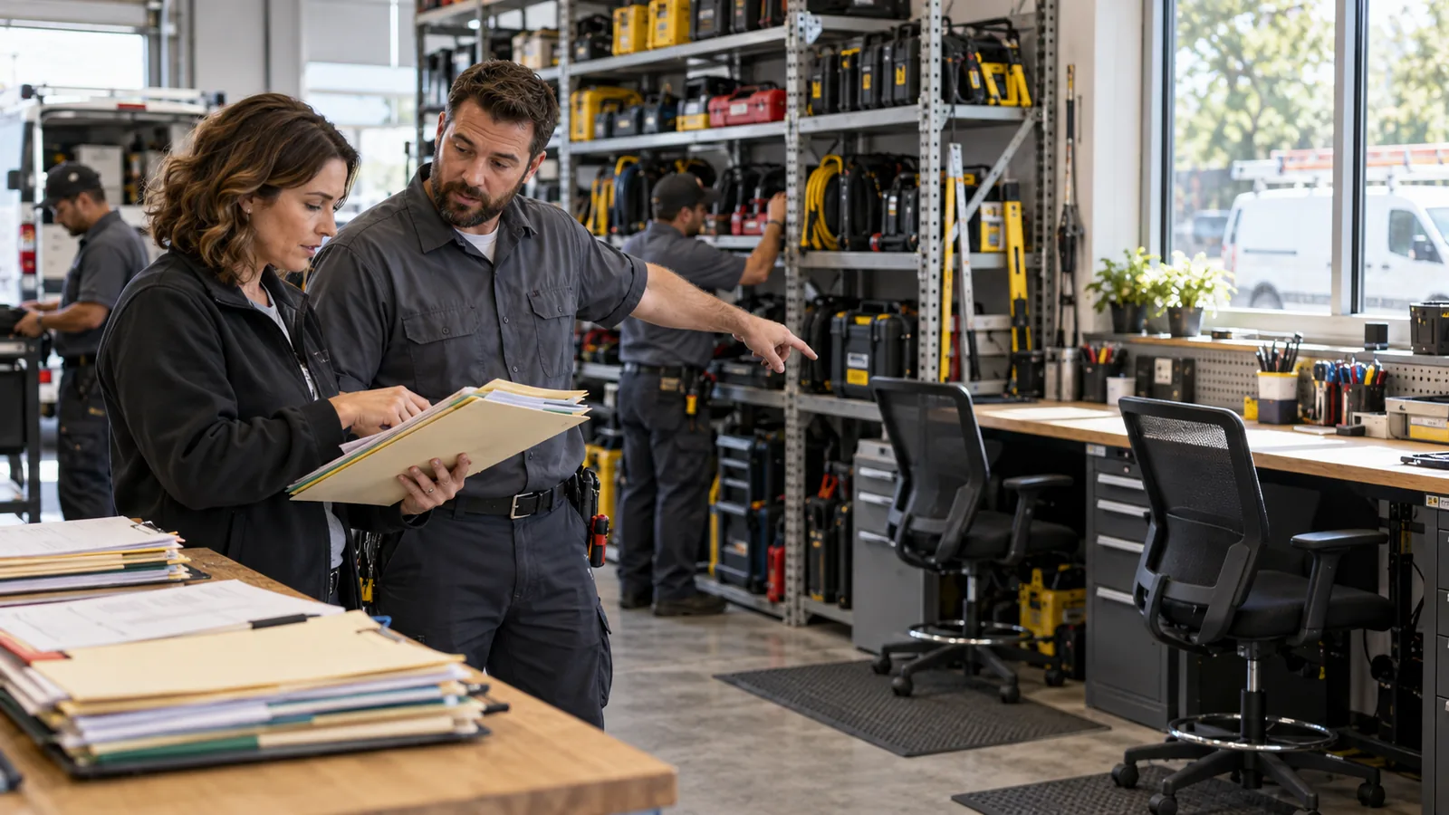 A branch manager and planner check available work positions with a technician before allocating more advertising.