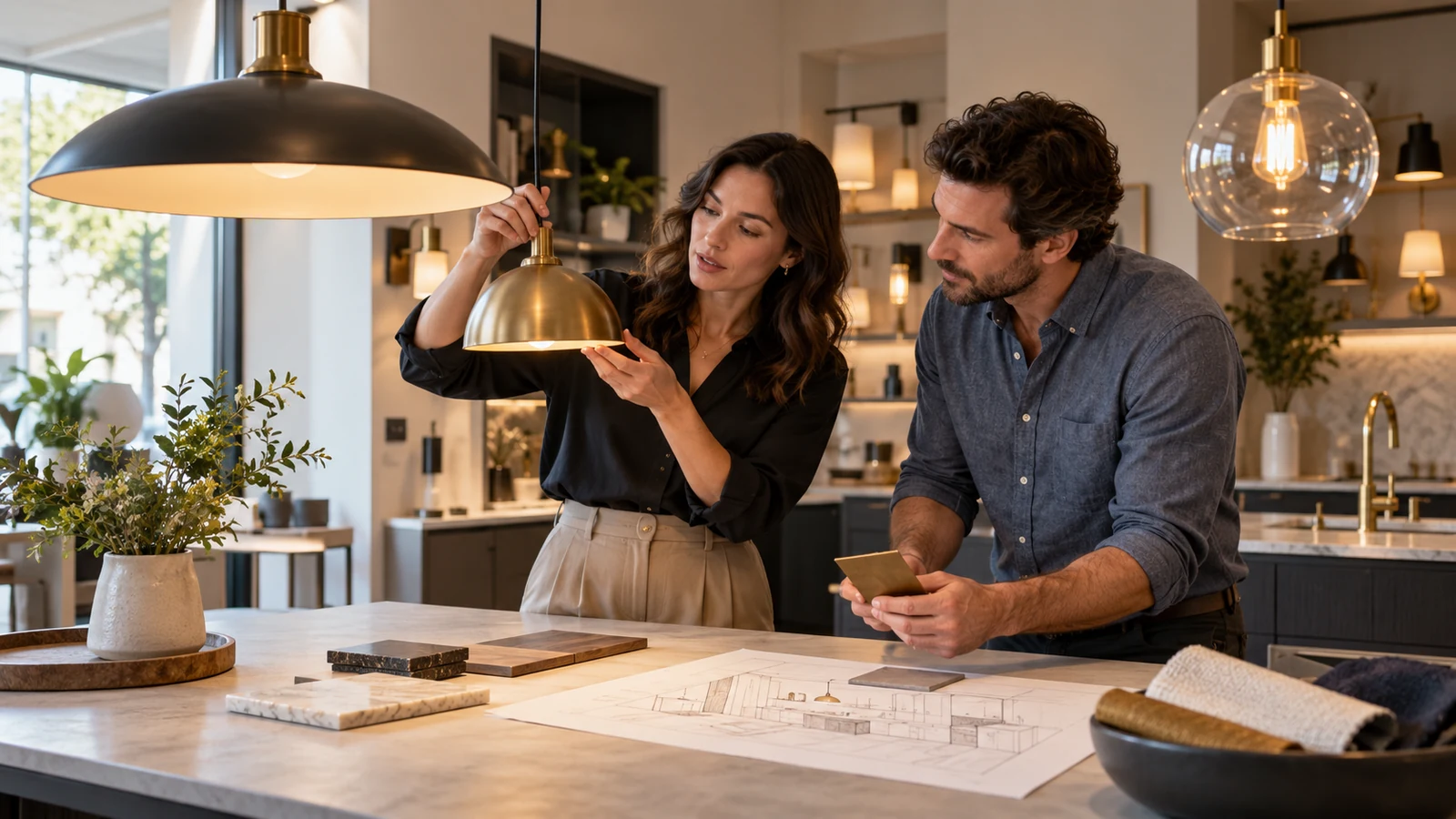 Two lighting-shop colleagues compare a compact pendant light with a small kitchen layout.