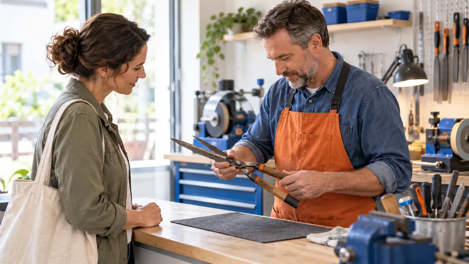 A workshop owner inspects garden shears brought in by a customer for sharpening.