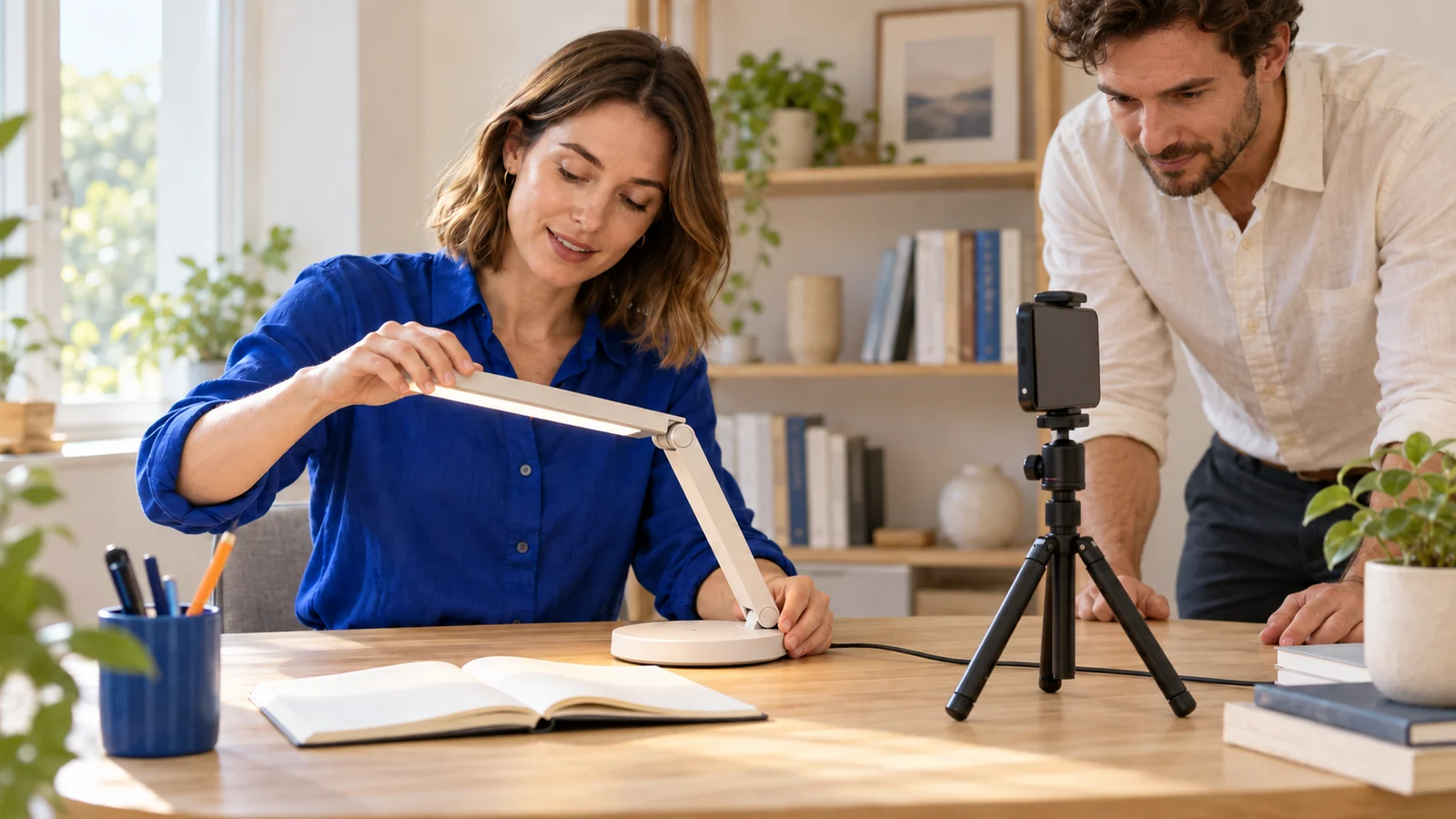 A small-business owner folds a desk lamp while a colleague films the demonstration on a phone.