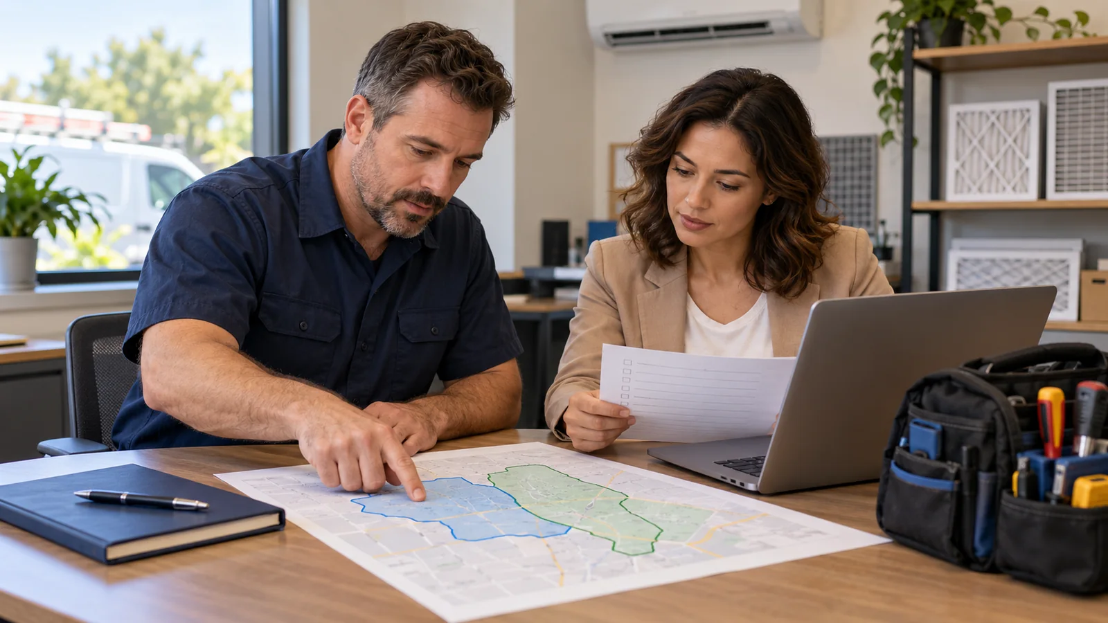 Two fictional adult colleagues compare an air-conditioning repair service-area sketch with a paper campaign checklist; the laptop screen is hidden.
