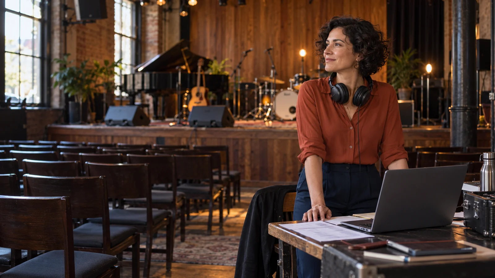 Fictional concert organiser with headphones preparing an empty music venue beside a laptop.
