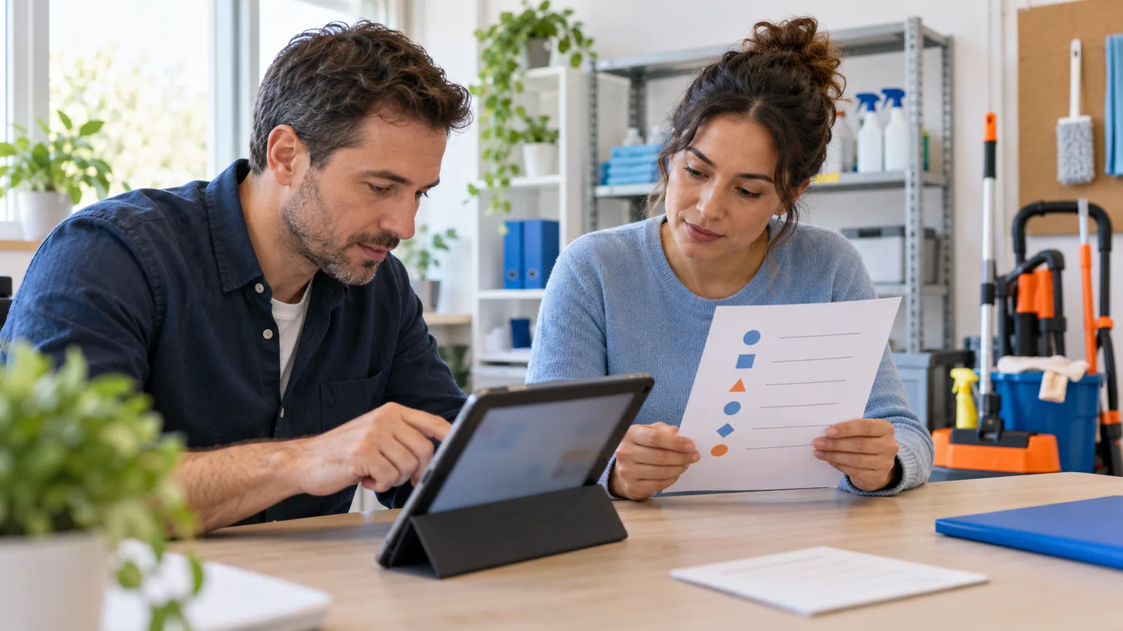 A cleaning-company manager and a website specialist work through a test enquiry on a tablet and check the acceptance steps.