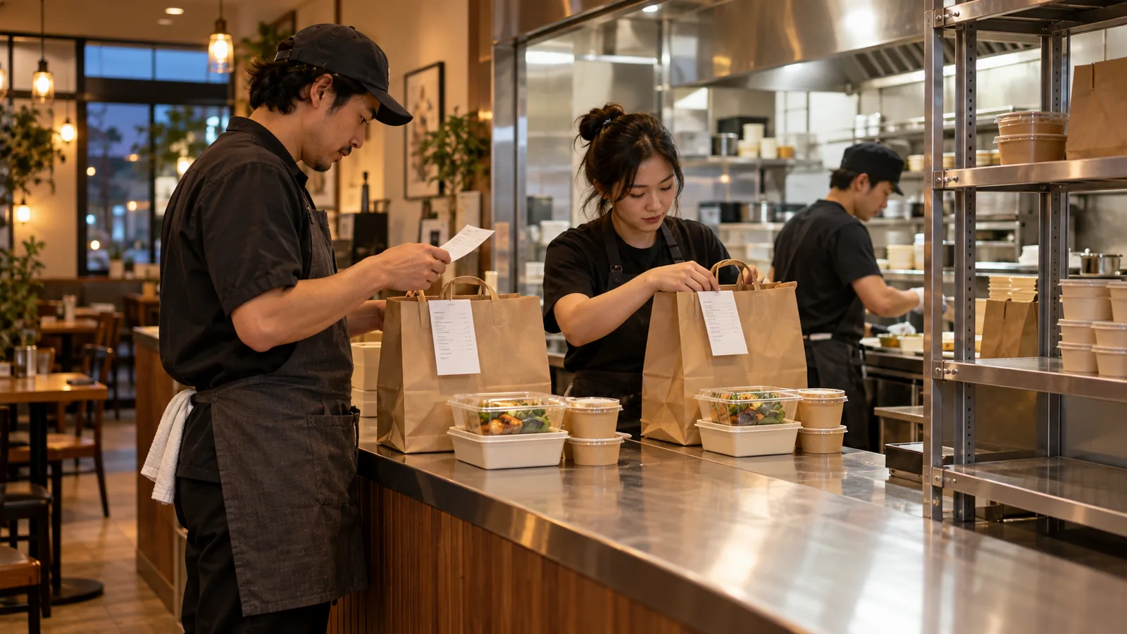 Restaurant staff check packed dinner orders at a pickup counter while the kitchen prepares the next batch.