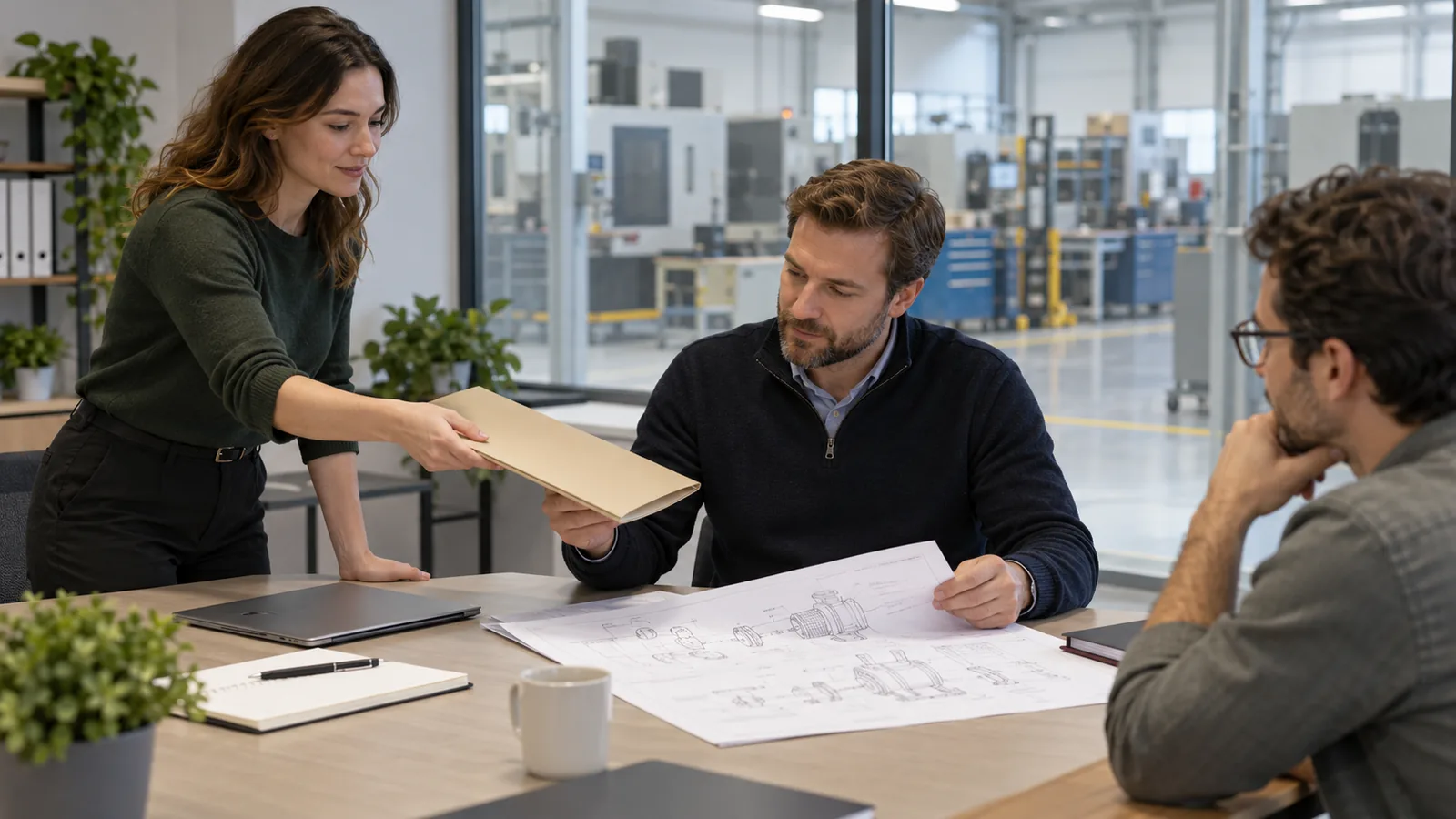 Marketing and sales colleagues review a manufacturing customer's project before assigning the next conversation.