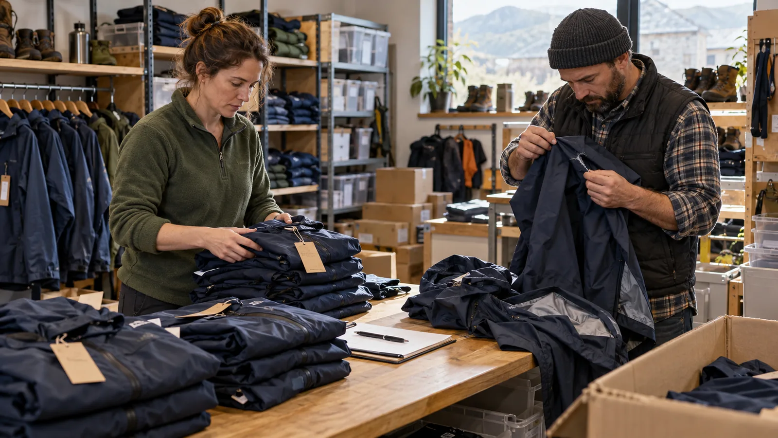 Two people checking jacket stock and separating reserved items at a small clothing shop.
