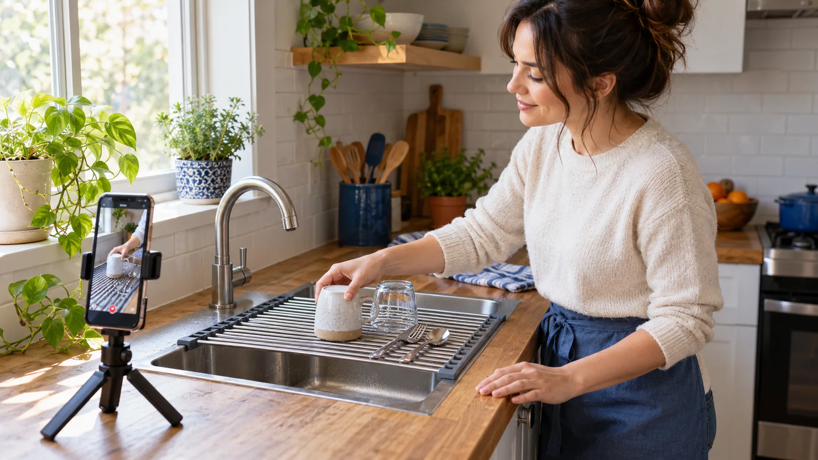 An adult small-brand owner films an over-sink drying-rack demonstration on a phone in an everyday kitchen. AI illustration.