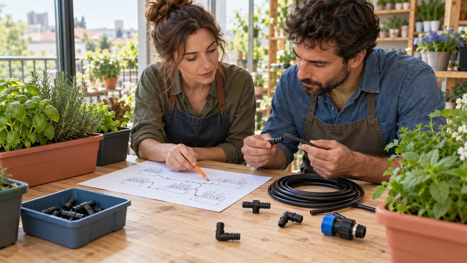A garden-shop owner and colleague match tubing and fittings to a layout for watering balcony planters.
