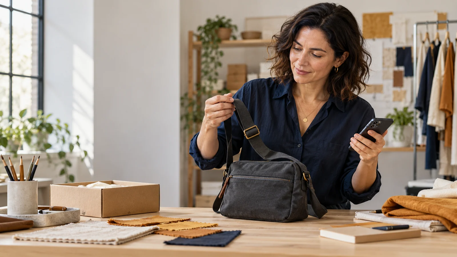 Fictional accessories-business owner reviewing a bag and mobile shop in a small studio.