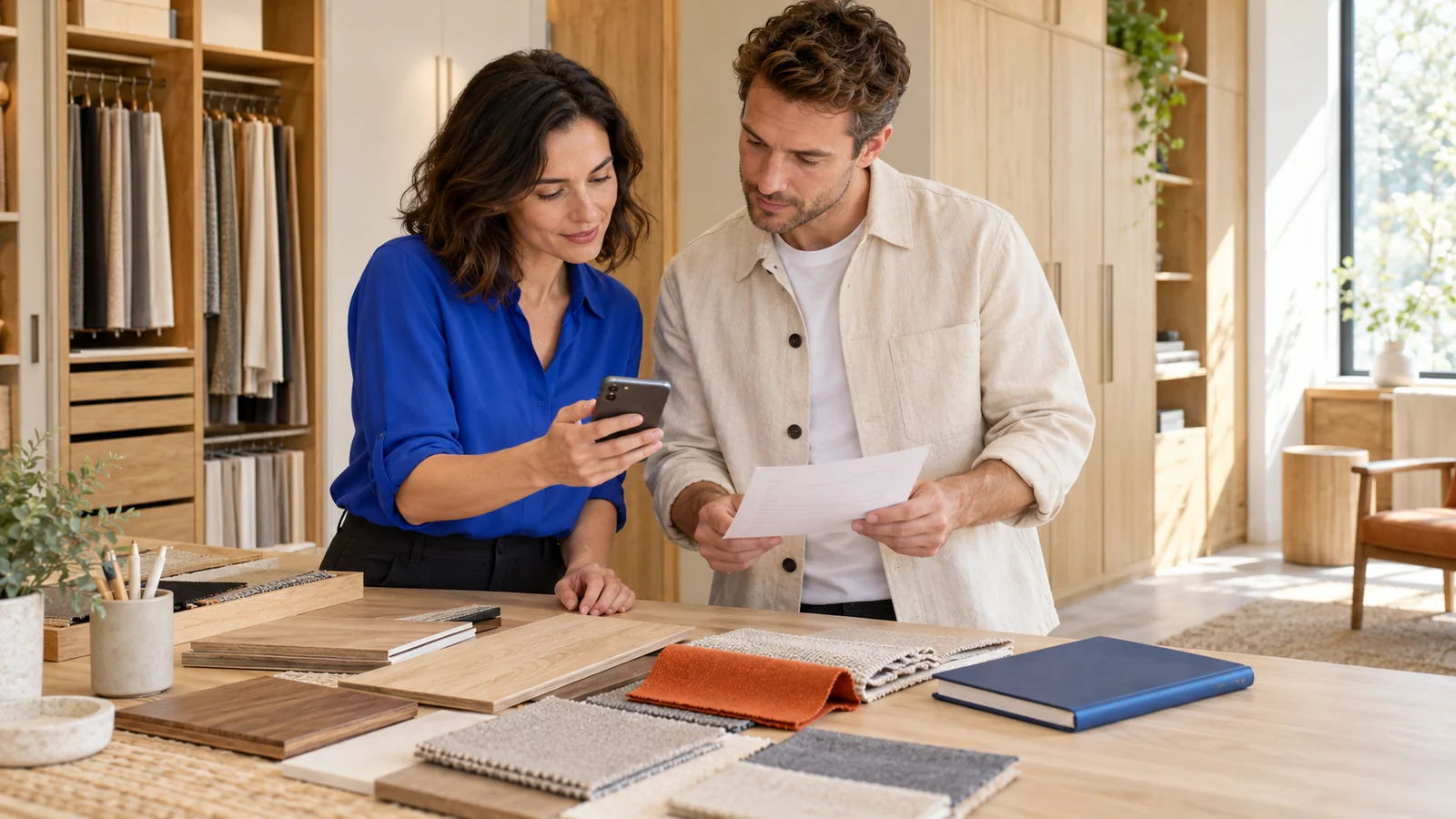 A furniture-studio owner checks a page on a phone with the colleague who responds to enquiries.