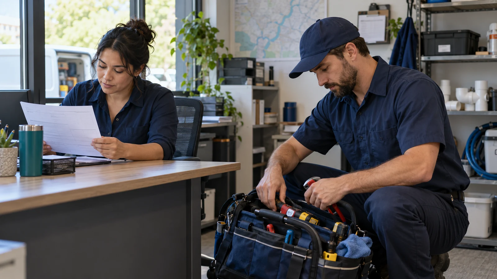 A dispatcher and plumbing technician review a service request before departure.