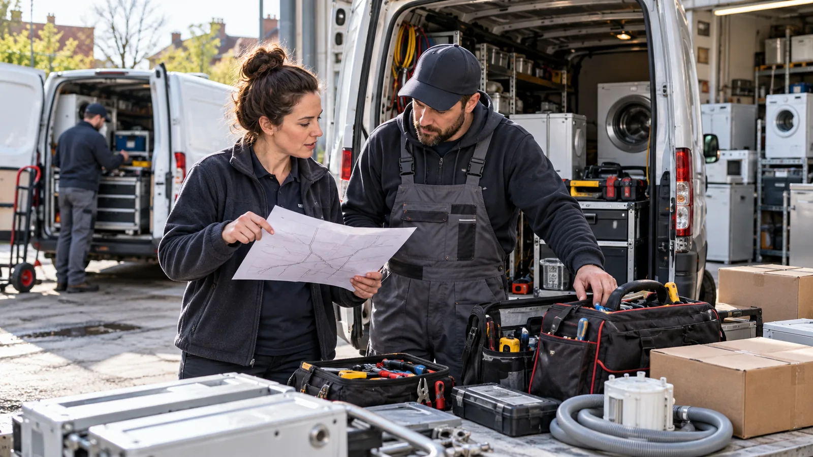 A dispatcher and technician reviewing a service route while checking tools beside a repair van.