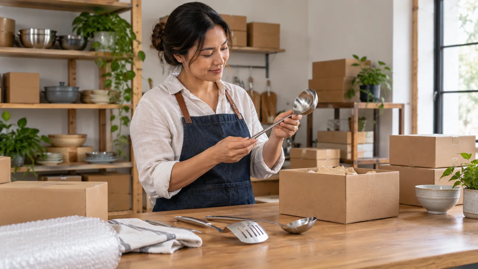 AI-generated illustration of a fictional kitchenware-brand owner inspecting utensils at a packing bench.