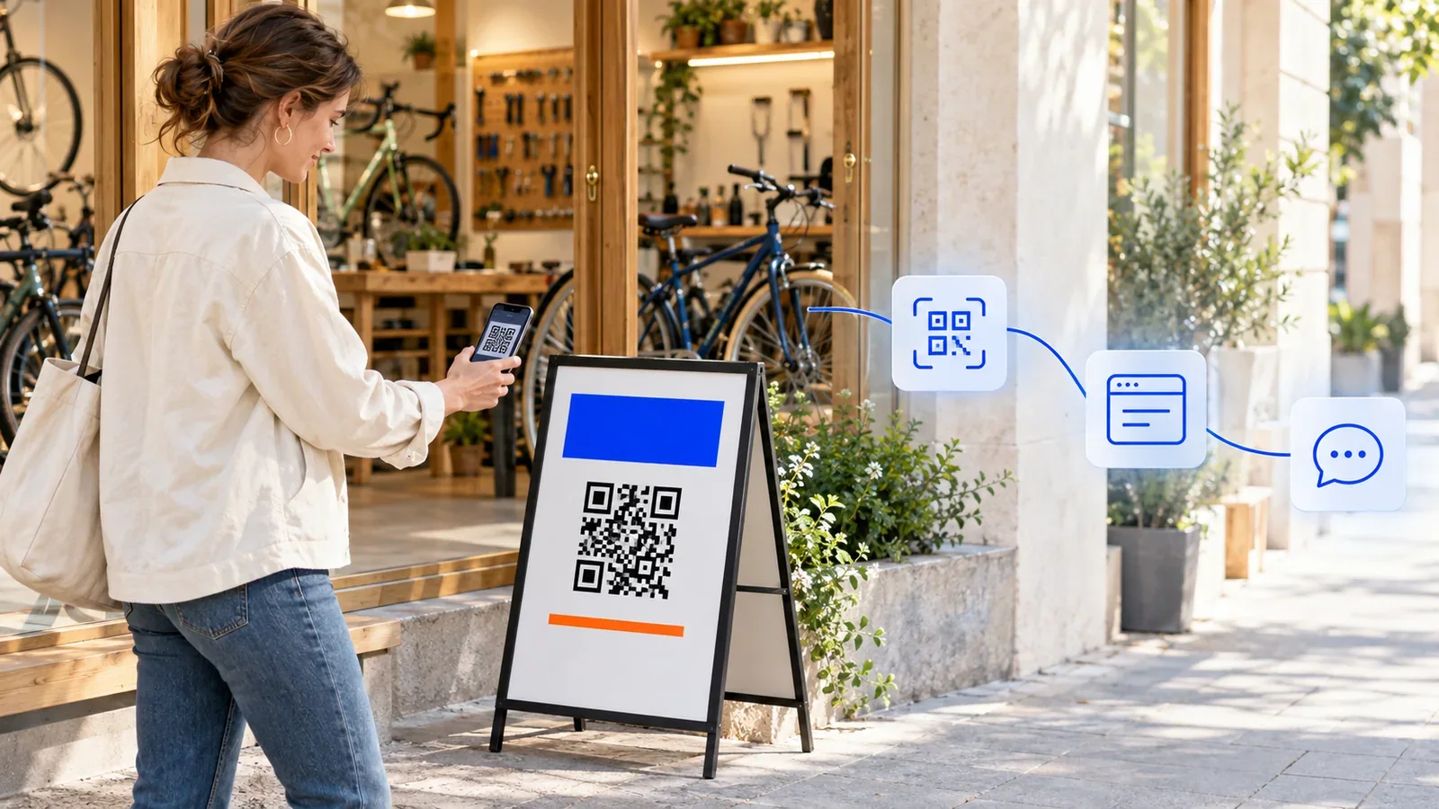 A fictional visitor scans an illustrative QR outside a bicycle workshop. AI illustration.