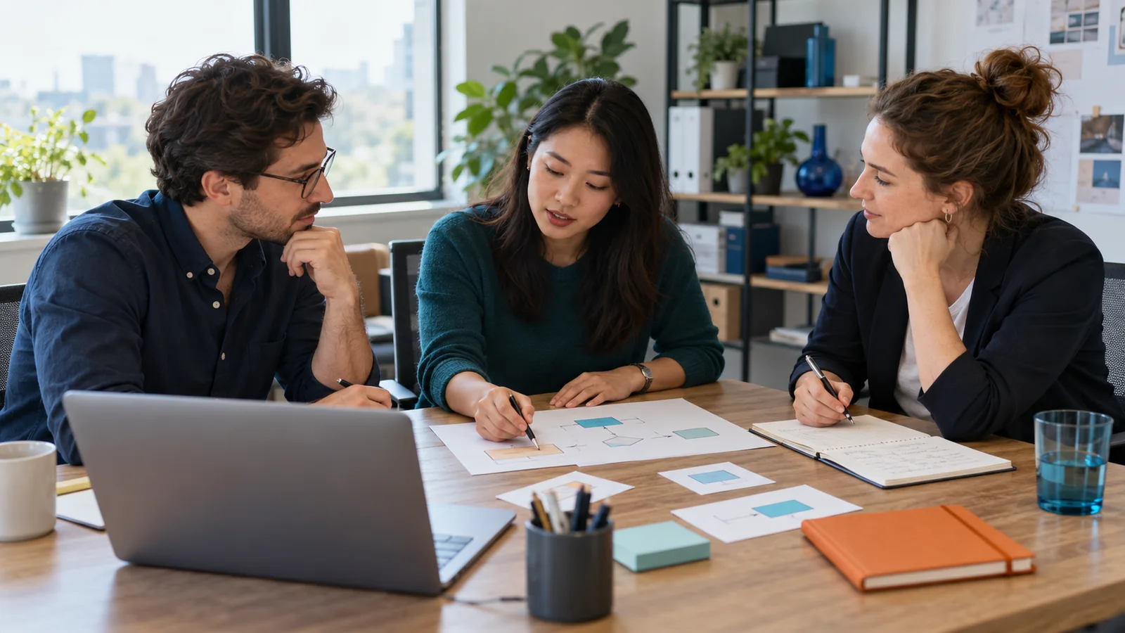 Three fictional adult colleagues discuss a paper purchase-approval workflow before a software demonstration; the laptop screen is hidden.
