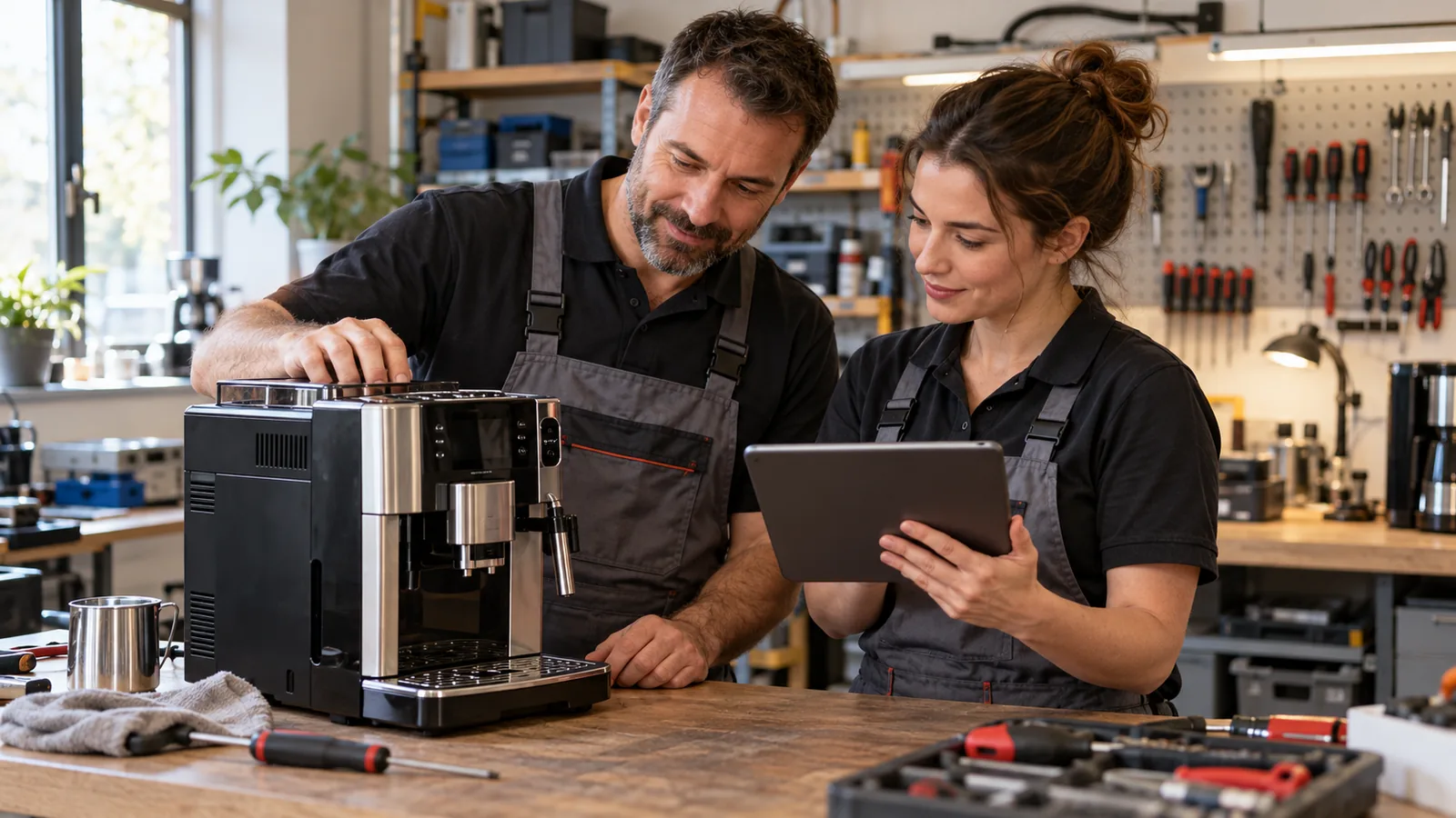 Two staff members in a fictional appliance-repair workshop review a completed repair at the service counter.