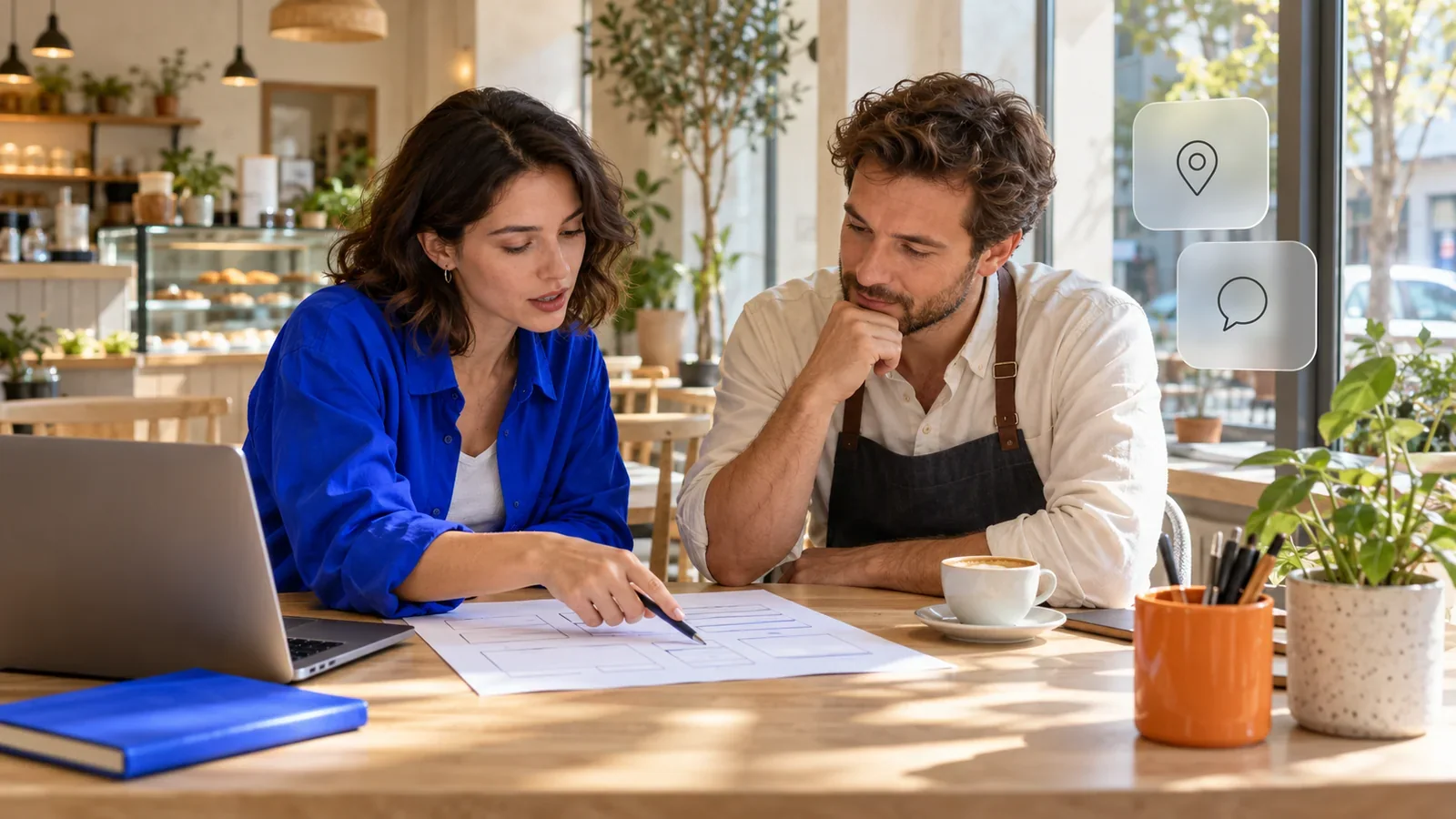 A marketer and a café owner discuss an advertising plan. AI illustration.
