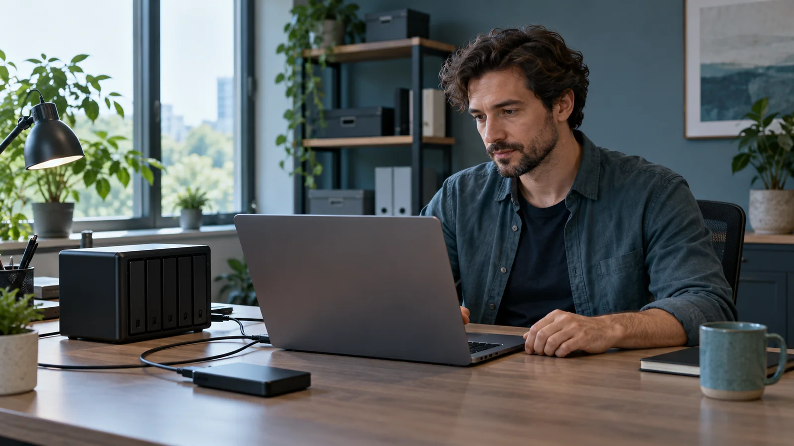 AI-generated illustration of a fictional software operator with a laptop, network storage and an external drive.