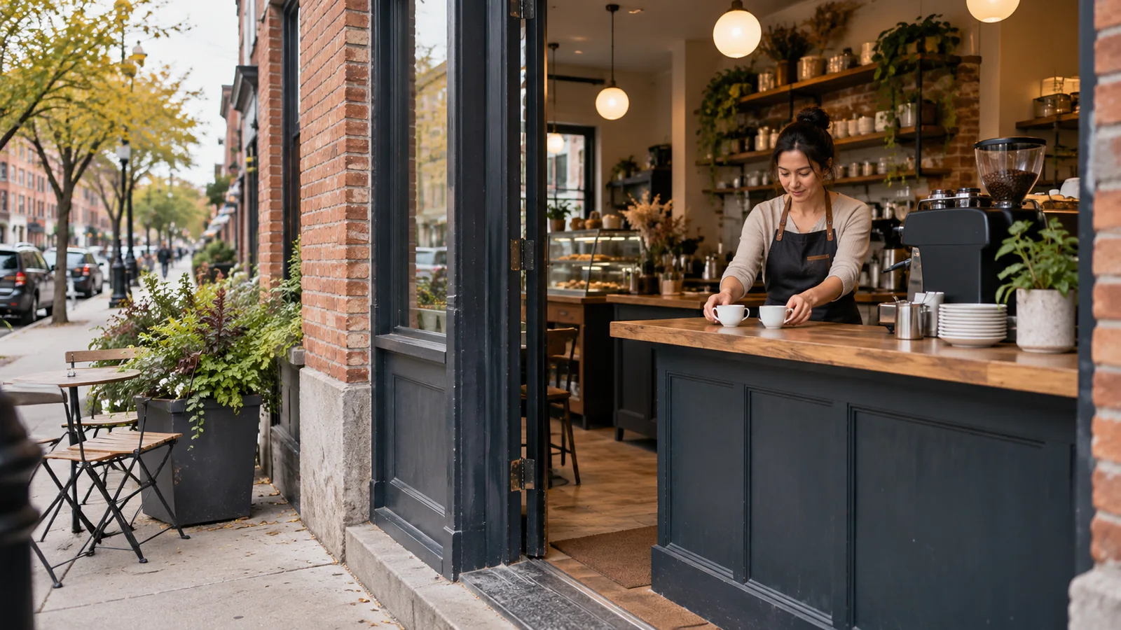 AI-generated illustration of a fictional café owner arranging cups beside an open street entrance.